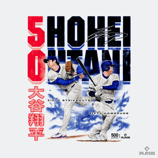 予約受付終了 【大谷翔平】【500LEVEL】 Shohei Ohtani 「Los Angeles D 50 Strikeouts 50 Home Runs」 Tシャツ